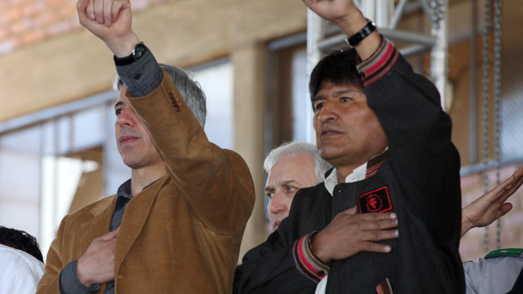 Bolivian vice president Alvaro Garcia Linera and president Evo Morales make a raised fist salute