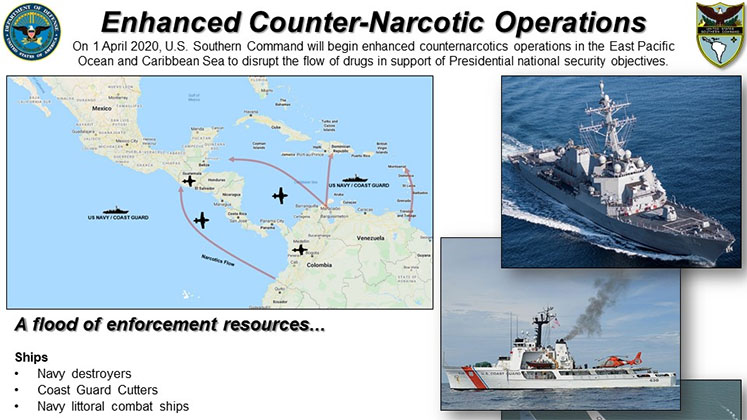 US Southcom map and photos showing new drug enforcement operations in the Caribbean in April 2020