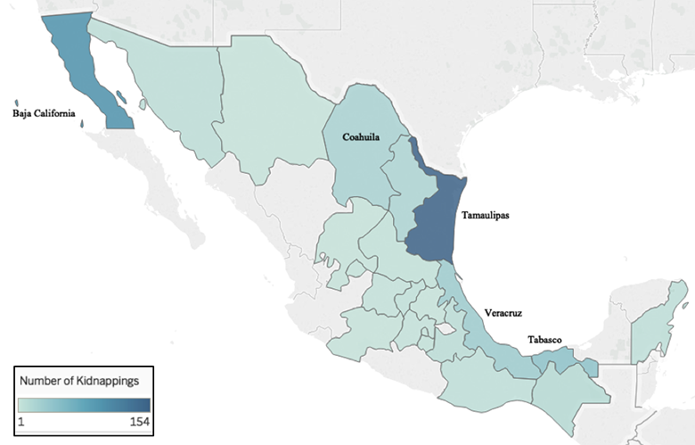 Map showing variations in migrant kidnappings according to region of Mexico