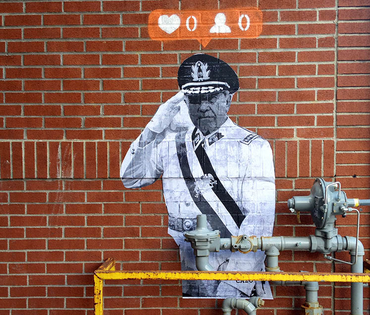 Stencil-based street art of Augusto Pinochet with no friends or likes