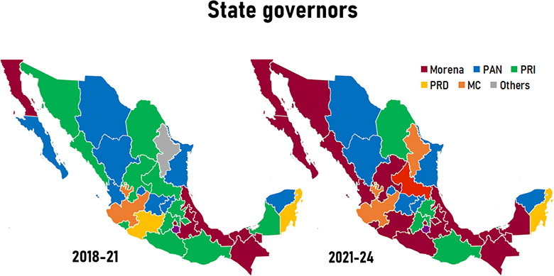 Map showing changes in state governships by party after Mexico's 2021 elections