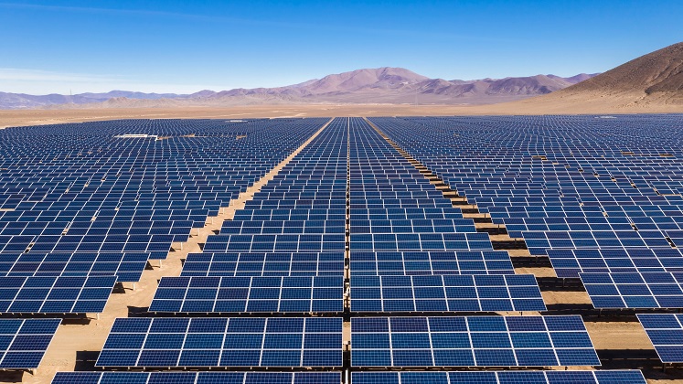 Aerial view of solar energy modules along the Atacama Desert, Chile