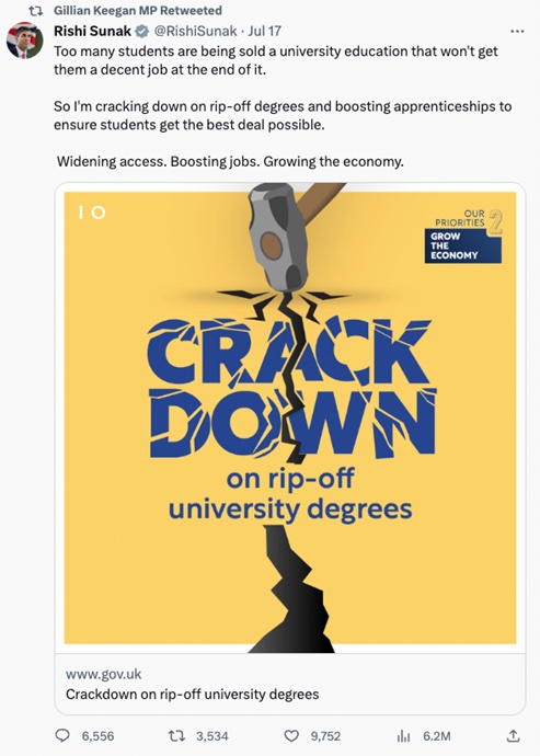 Image from UK Government tweet about low-value degrees, showing a sledgehammer hitting the word 'CRACKDOWN'