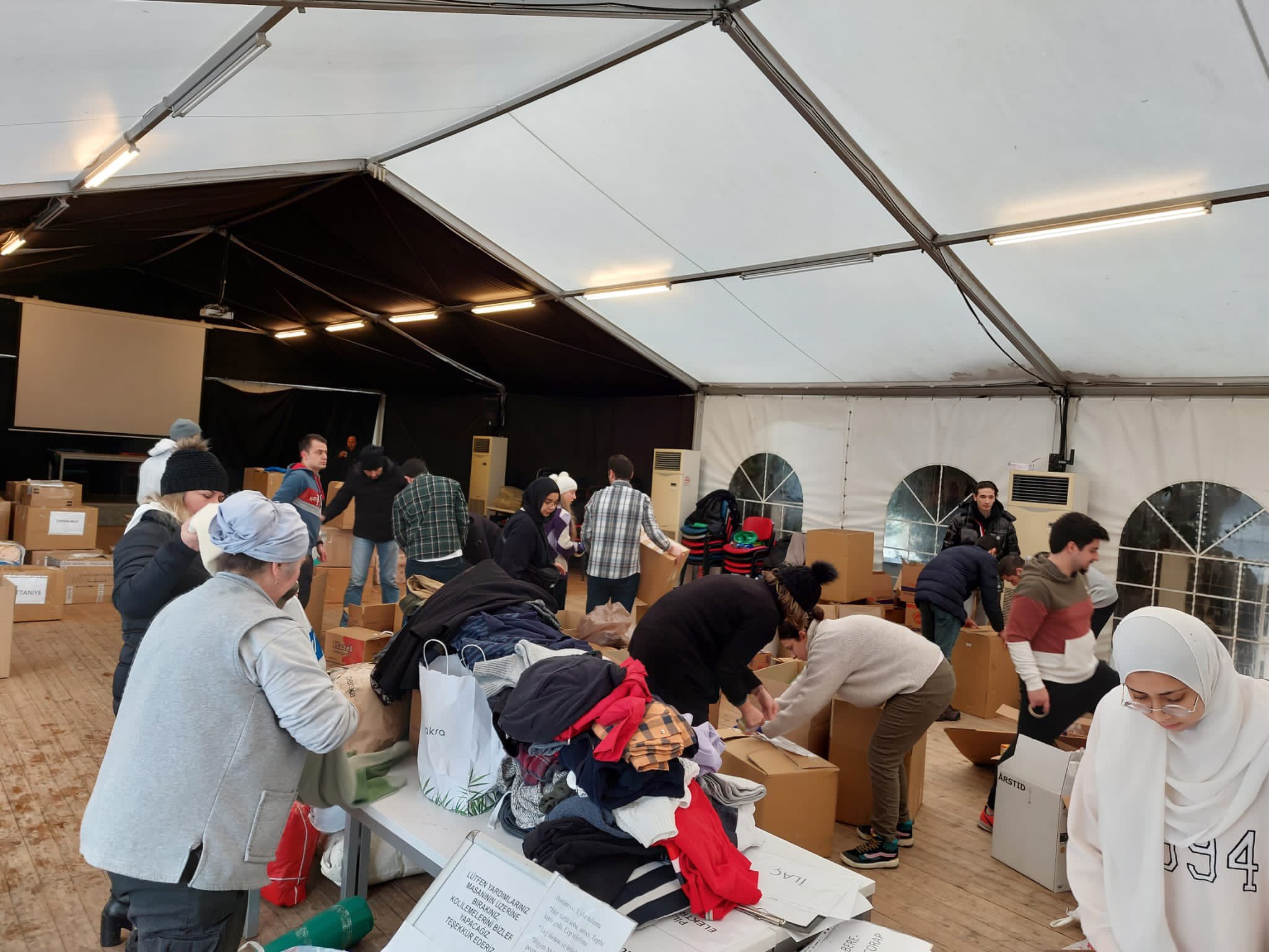 Aid being sorted in a Turkish university to be sent to the earthquake zone