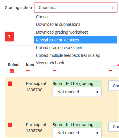 Reveal student identities in the Grading action drop-down menu at the top of the submissions table