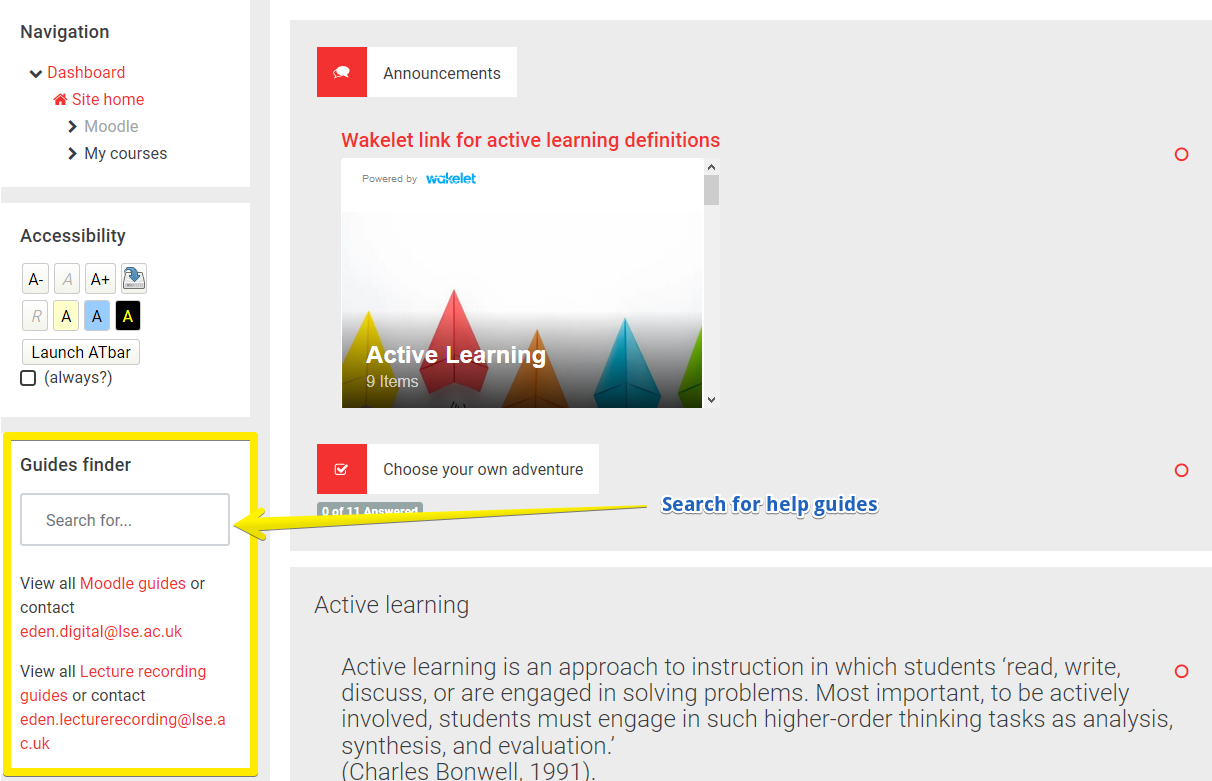 Screen grab showing location of guides search box in LSE Moodle