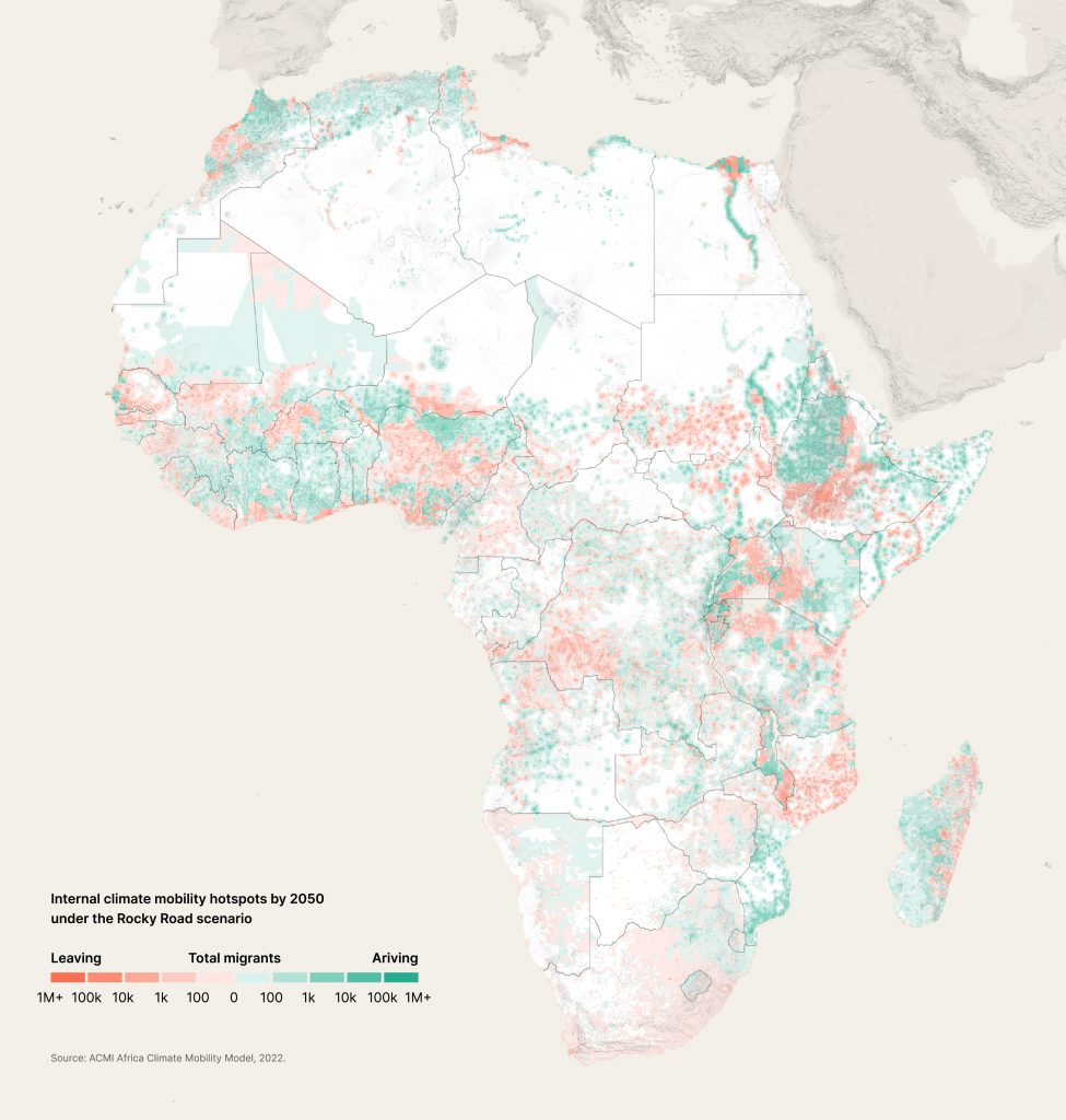 Continental hotspots depicting the number of people moving out of and into specific areas owing to climate impacts