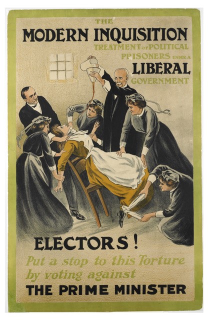 Painted poster depicting a woman wearing a yellow dress and white apron held down by a group of men and women wearing black as she is force-fed through a tube