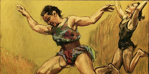 Painting of two women athletes or gymnasts leaping