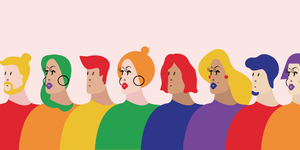 Illustrated people of various gender expressions standing in a line wearing rainbow colours