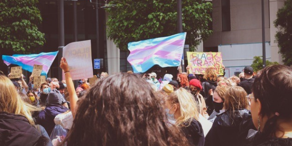Protest image in which the trans flag and a sign reading "Black Trans Lives Matter" are visible