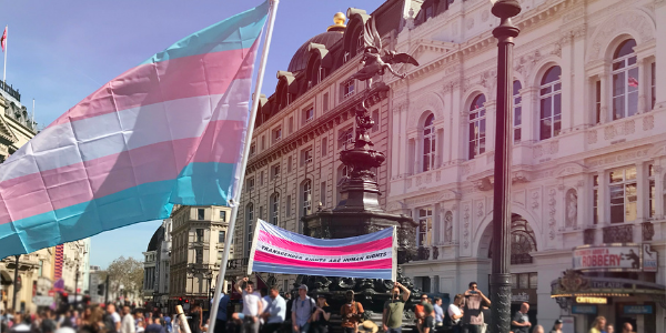 photograph taken at protest parade for trans rights including two trans pride flags