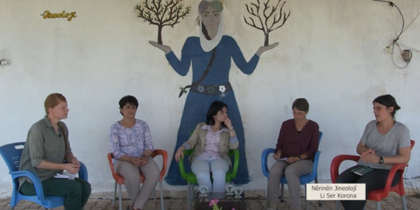 Feminist activists from Jineoloji Academy discussing the covid-19 pandemic and its implications for Rojava.
