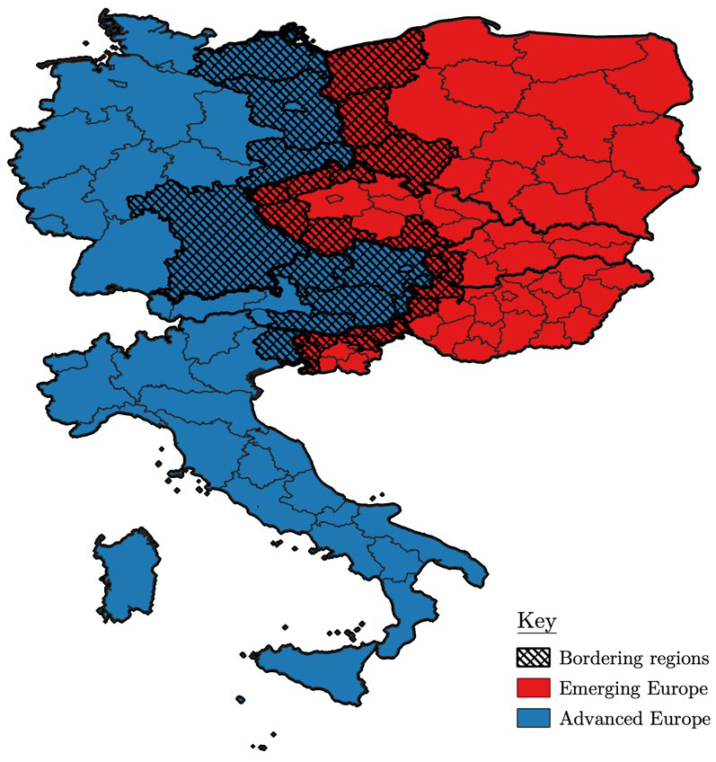Figure showing the bordering regions between eastern and western Europe.