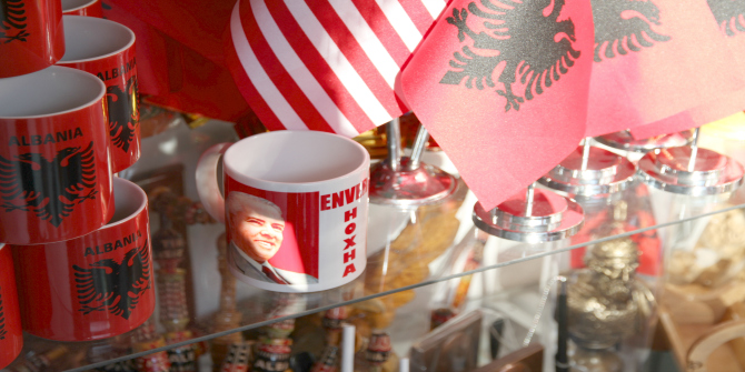 Enver Hoxha mug on souvenir stand in Tirana, Albania