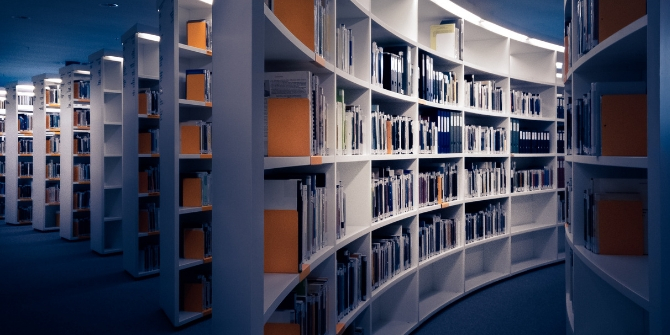 Photograph of curving library shelves