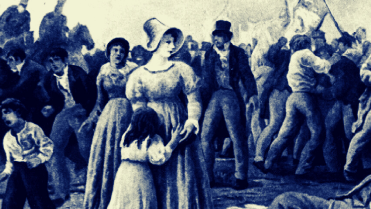 Woman holding child at Peterloo