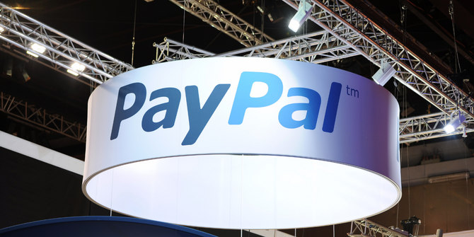 Ceiling sign showing PayPal logo