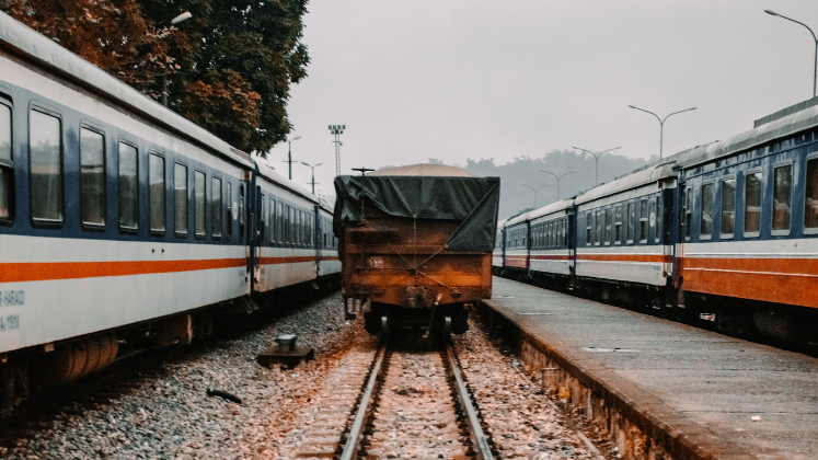 Train carriages on railway line, Vietnam