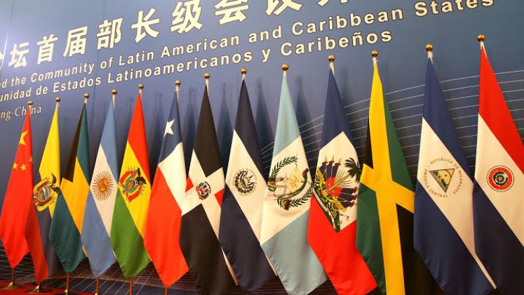 Line of flags of China and Latin American countries