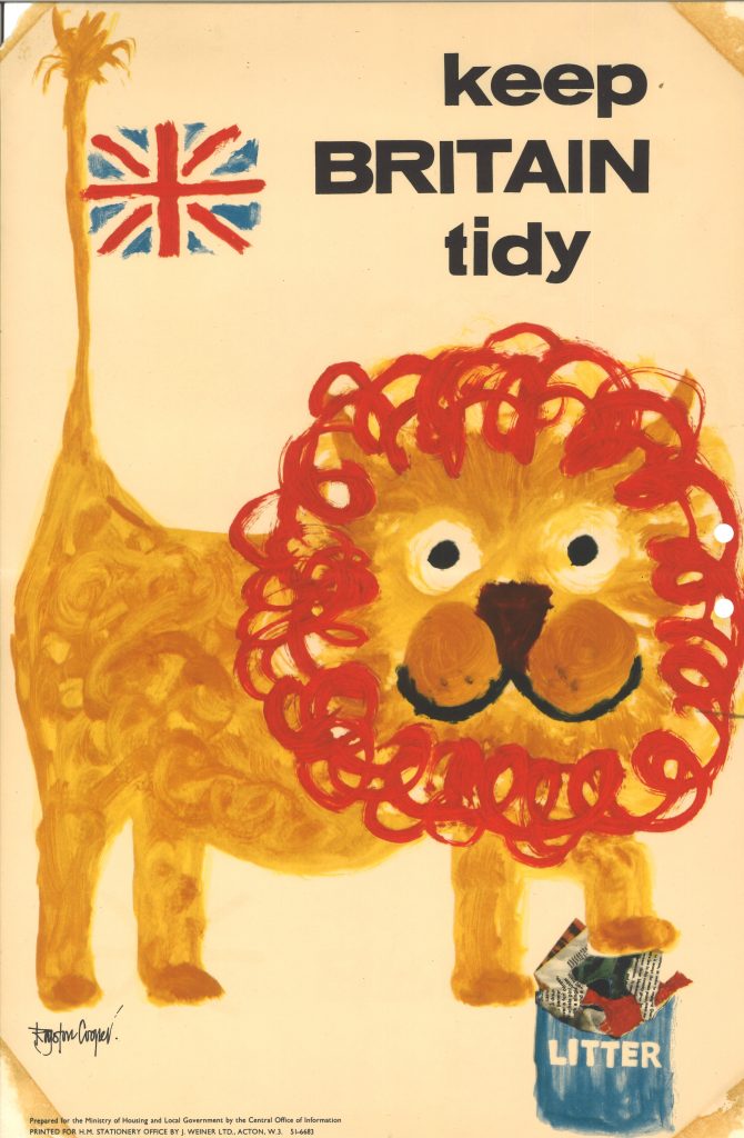A photograph of a Keep Britain Tidy poster which has a large hand-painted cartoon lion 