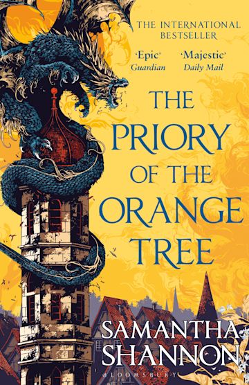 Priory of the orange tree book cover depicting priory building with a tower and a dragon wrapped around it.