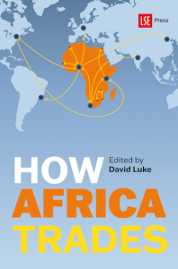 How Africa Trades book cover, a blue background showing a world map with Africa in orange.