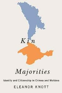 Book cover of Kin Majorities by Eleanor Knott showing Moldova in blue and Crimea in orange.