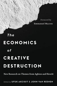 Book cover of The Economics of Creative Destruction by Ufuk Akcigit and John Van Reenen , a black background showing an iceberg with white font.