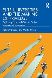Book cover of Elite Universities showing silver figures running on tracks with a blue and orange background and white font.