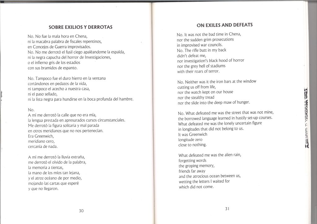 “On Exiles and Defeats,” is a poem by Maria Eugenia Bravo Calderara from her book Prayer in the National Stadium. 