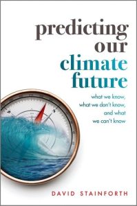 Book cover of Predicting Our Climate Future by David Stainforth showing a breaking wave inside a compass on a white background.