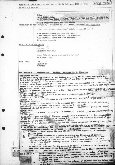 Minutes of a meeting at LSE on 14 February1975 recording an NUS Conference resolution to expand and develop solidarity with Chile