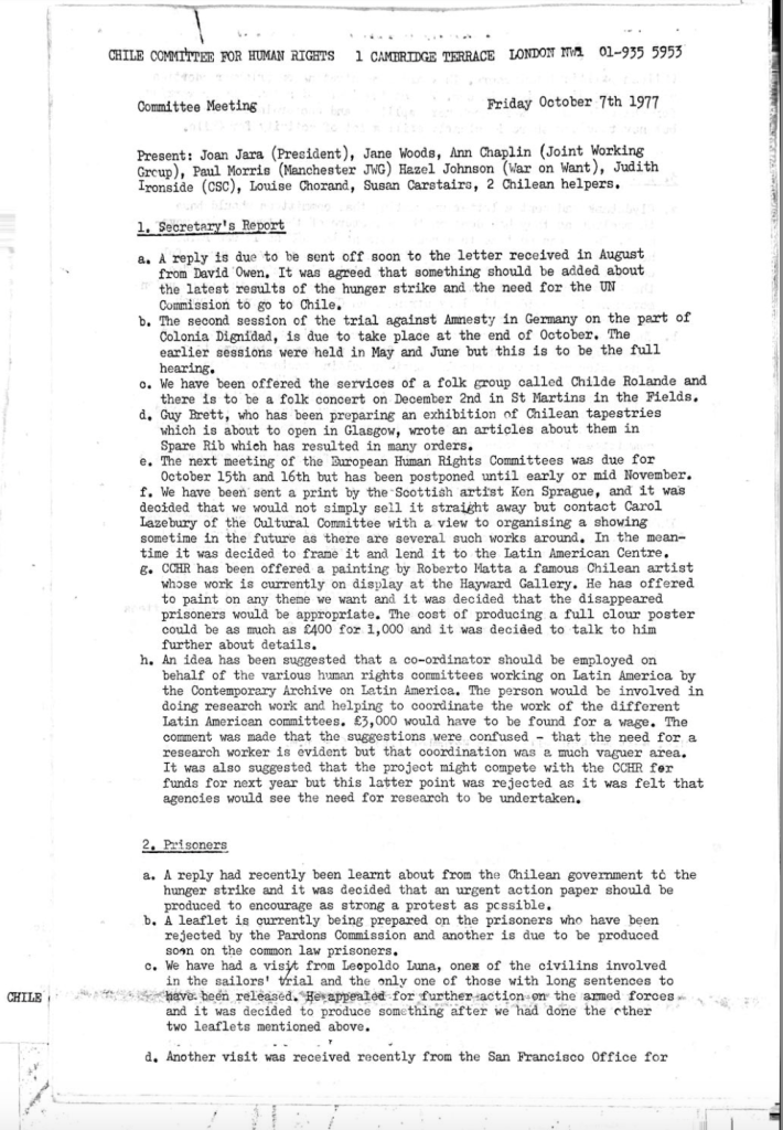 Minutes of a meeting of the Chile Committee for Human Rights (CCHR) in October 1977.