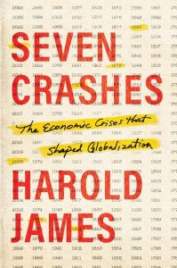 Book cover of Seven Crashes by Harold James a cream background with red font