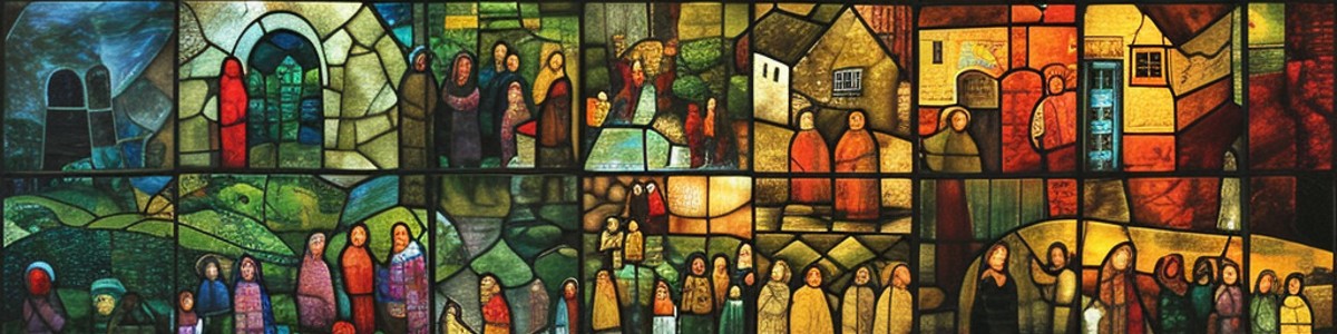 AI generated stained glass showing people and houses