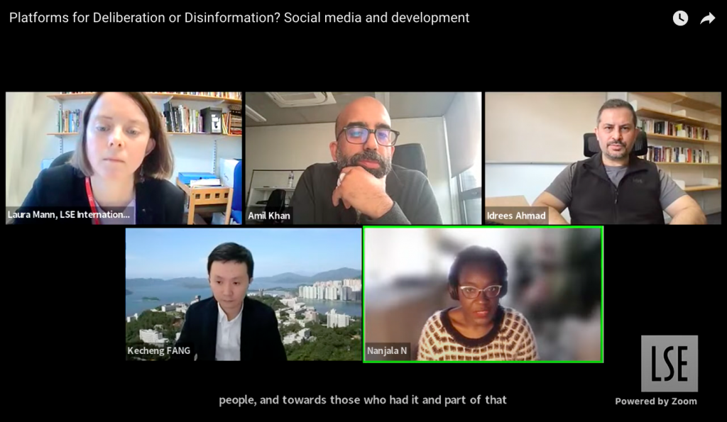 Screenshot of Laura Mann, Amil Khan, Idrees Ahmad, Kecheng Fang and Nanjal Nyabola from the online LSE panel event, 'Platforms for deliberation or disinformation? Social media and development?' on Friday 2 December