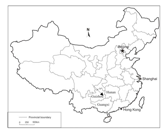 Map of China, showing major cities and the two provinces (Guizhou and Hunan Provinces) and one autonomous region (Guangxi Zhuang Autonomous Region) where most Kam people reside. The approximate location of Sheeam, where the fieldwork described in this paper was mainly undertaken, is marked with an arrow. (Map by Wu Jiaping, used with permission)