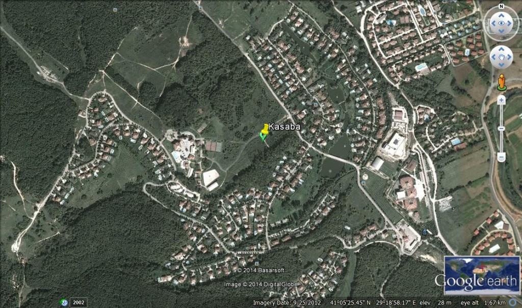 The Google Earth image of Kasaba, located on the Anatolian side of the city in Omerli. It was built for high income residents, and promoted as a “prestige” gated community of its developer company. It was designed to create a feeling of isolation and exclusivity for its residents, strengthened by dense forests surrounding it and its large detached villas, various amenities, including a private primary school and horse riding facilities inside the community. “Kasaba” means “town” in Turkish reflecting the size of its land and population, range of facilities, role in local community and municipality.