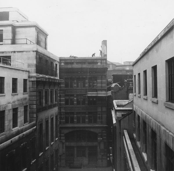 St Clements Press Building (reconstructed for LSE as St Clements Building) showing old entrance on Clare market/ Houghton Street, 1960. IMAGELIBRARY/37. LSE