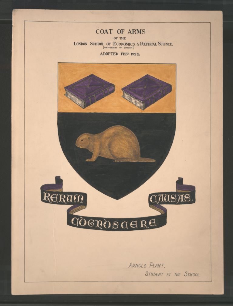 LSE’s coat of arms drawn and coloured by Arnold Plant, student and later Professor of Commerce at LSE, 1922 LSE/Unregistered/25/6/1