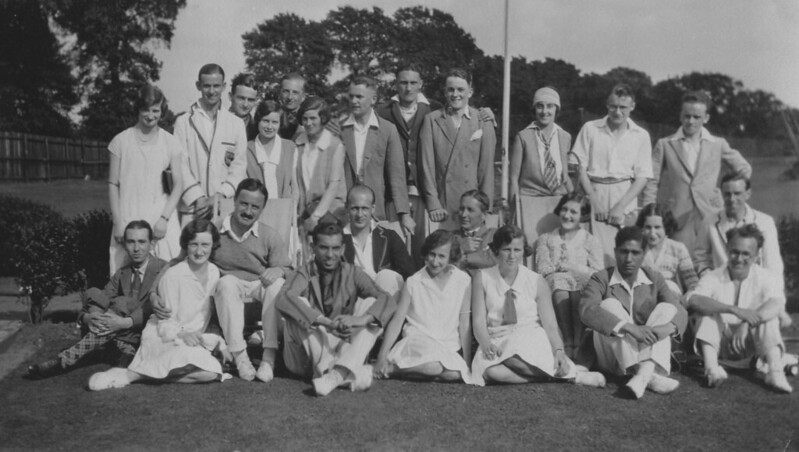 Tennis Club, Malden, June 1928. Krishna Menon front row 4th from left, Henry Charles Weston Sanders (front row next right of Krishna Menon) Alan Russell Smith (back row second left), Donald George Bridel (back row second right), Alan Essex-Crosby (kneeling second row extreme right). IMAGELIBRARY902. LSE