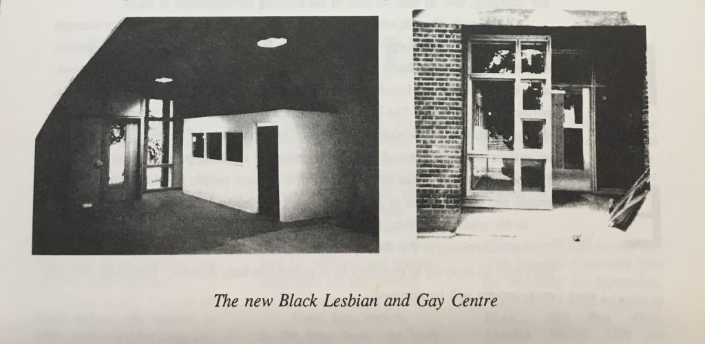 A copy of a newsletter page that includes two photos of the new BLGC office in a railway arch in Peckham.