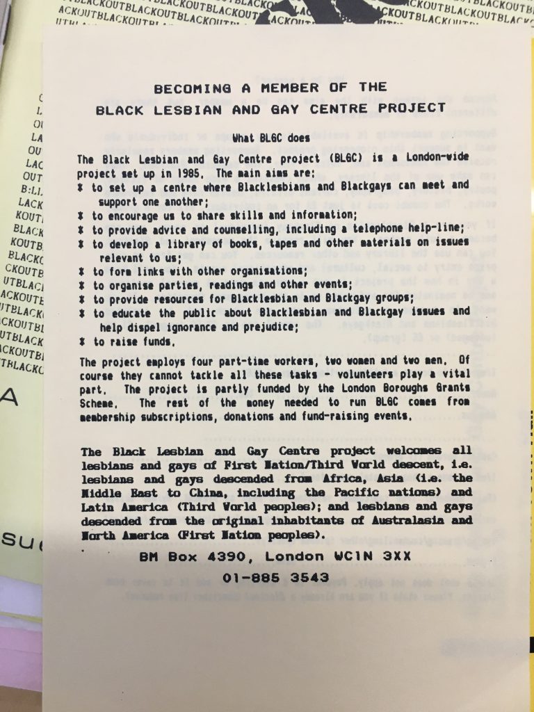 A typed up piece of paper from an archives file and positioned on top of other papers. The title of the piece is 'Becoming a member of the Black Lesbian and Gay Centre Project'. Then follows a list of bullet points outlining what BLGC does.