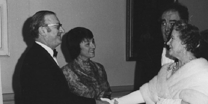 Banqueting House Concert in aid of the Library Appeal, 1974. Left to right: Sir Morris Finer, Lady Finer, Lord Goodman, HM Queen Mother. IMAGELIBRARY/628. LSE