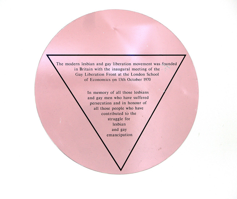 GLF plaque on LSE campus. It reads: "The modern lesbian and gay liberation movement was founded in Britain with the inaugural meeting of the Gay Liberation Front at the London School of Economics on 13th October 1970. In memory of all those lesbians and gay men who have suffered persecution and in honour of all those people who have contributed to the struggle for lesbian and gay emancipation." LSE