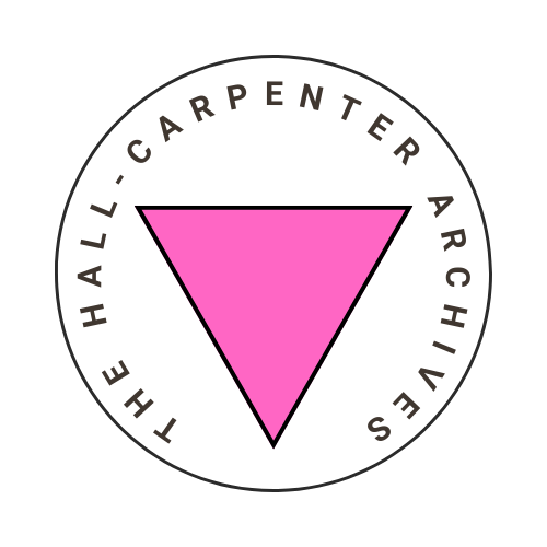 Logo with an upside down pink triangle and "Hall-Carpenter Archives" written around it.