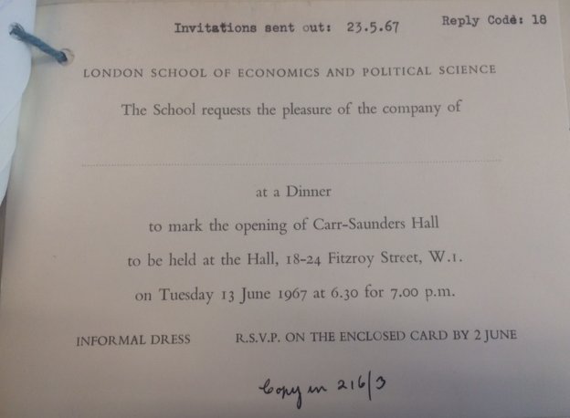Invitation to mark the opening of Carr Saunders Hall at LSE, 1967. Credit: LSE