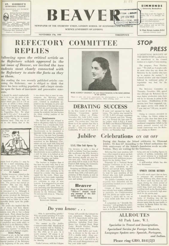 The Beaver 17 November 1955. Credit: LSE Library