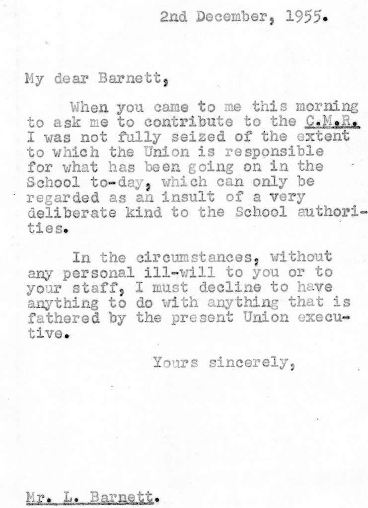 Letter from Lionel Robbins to L Barnett, 1955. Credit: LSE Library